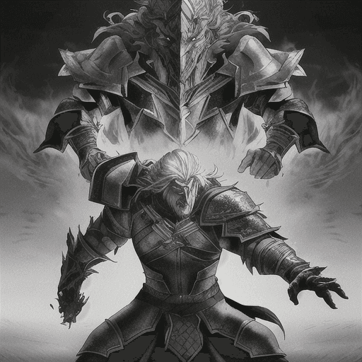AI generated: A hyper-realistic portrait of a magical warrior fighting a giant wolf in an epic battle inspired by ...