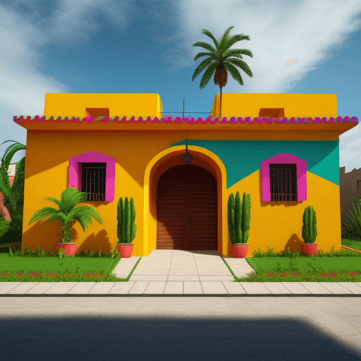 AI generated: Realistic Mexican style house, colorful modern hacienda with one side of the wall in murals naive me...