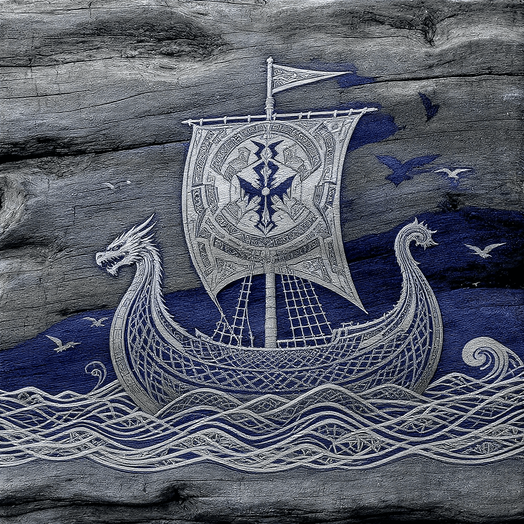 AI generated: A Viking longship rendered as a Viking Rune Carving, deeply etched into aged driftwood with intricat...