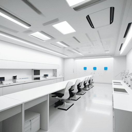 AI generated:  A white high-tech laboratory with a futuristic design style, simple and clean