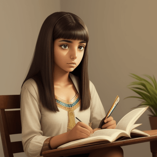 AI generated: a brunette girl with Egyptian facial features, sitting down and looks she's immersed in her studies.