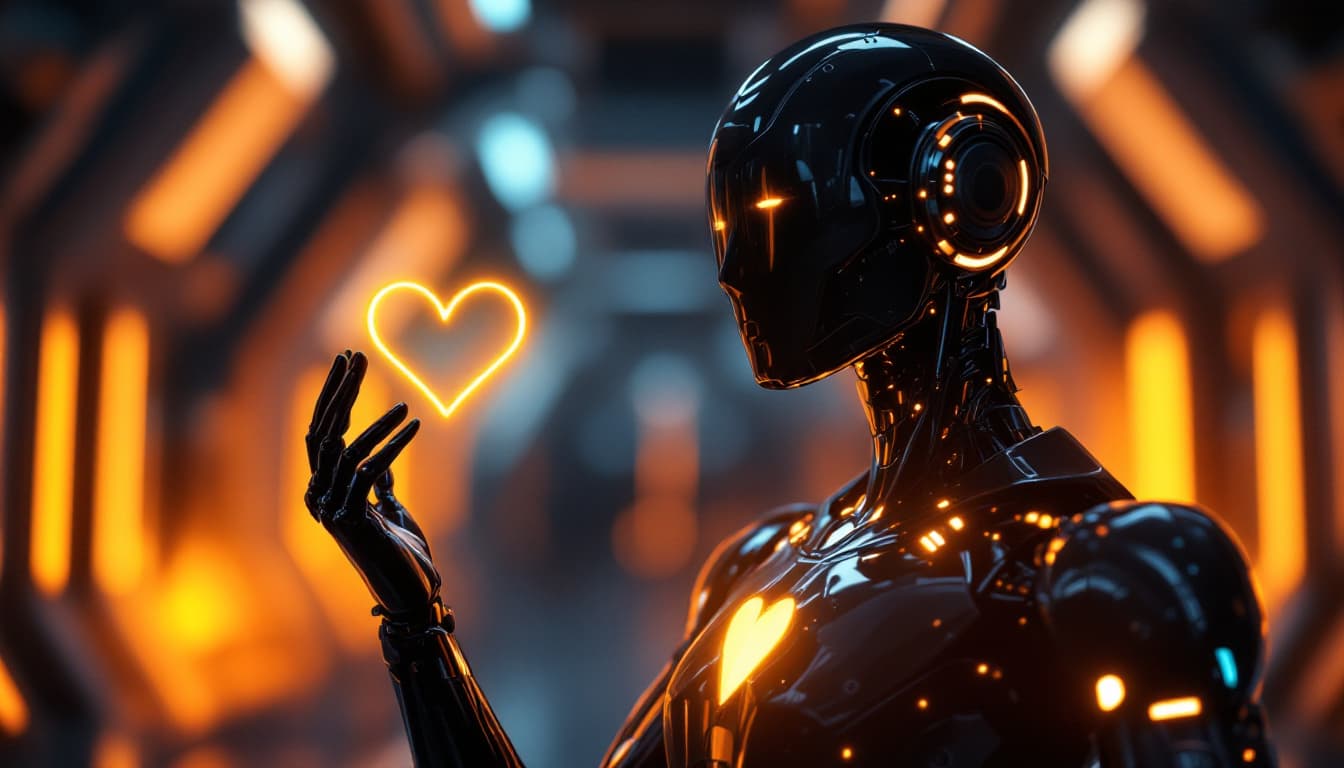 AI generated: A futuristic humanoid robot stands in a sleek, neon-lit environment, its glossy black surface glimme...