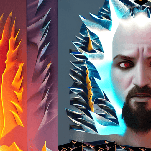 AI generated: biblical, Ezekiel 1:1, creature close-up portrait angle, full-length body, 4 heads, lion head, human...