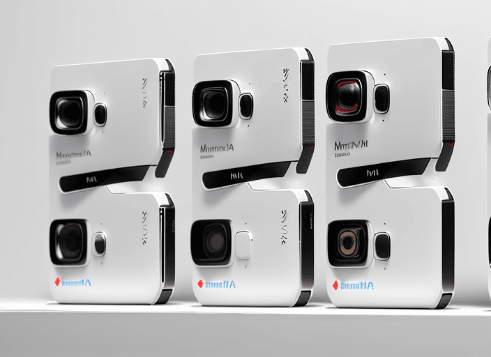 AI generated: Four different slim cameras, arranged in a line on a white surface, front view, photo realistic, hig...