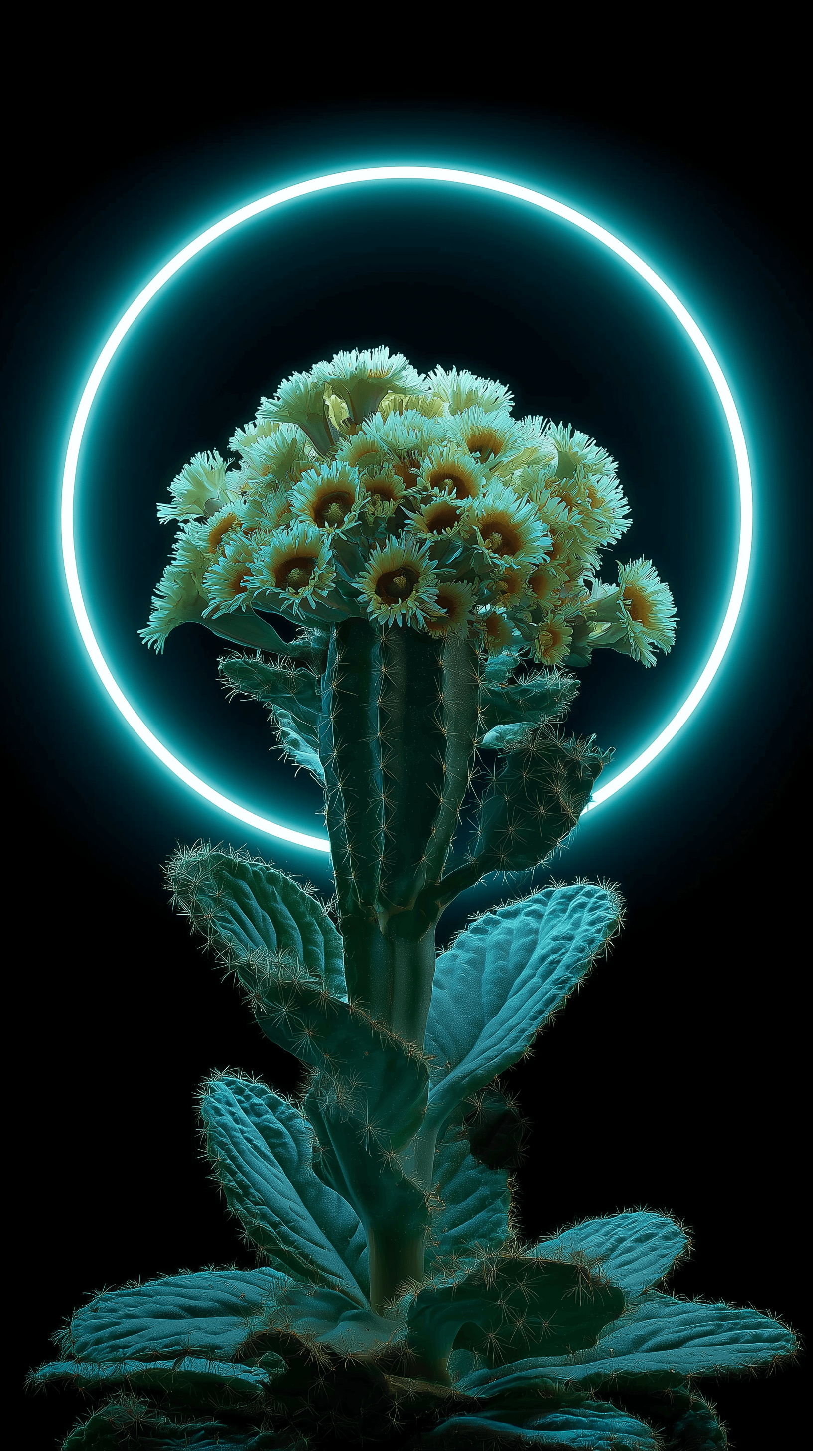 AI generated: botanical shadow of a cactus, surrounded by neon rings, black velvet backdrop, soft ambient glow, mo...