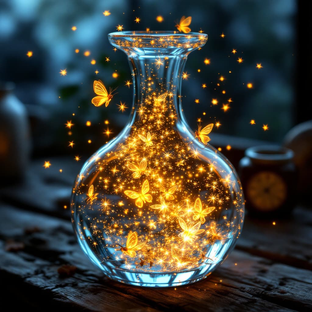 AI generated: a wide based decanter  made of crystal , that has a swarm of fireflies in it