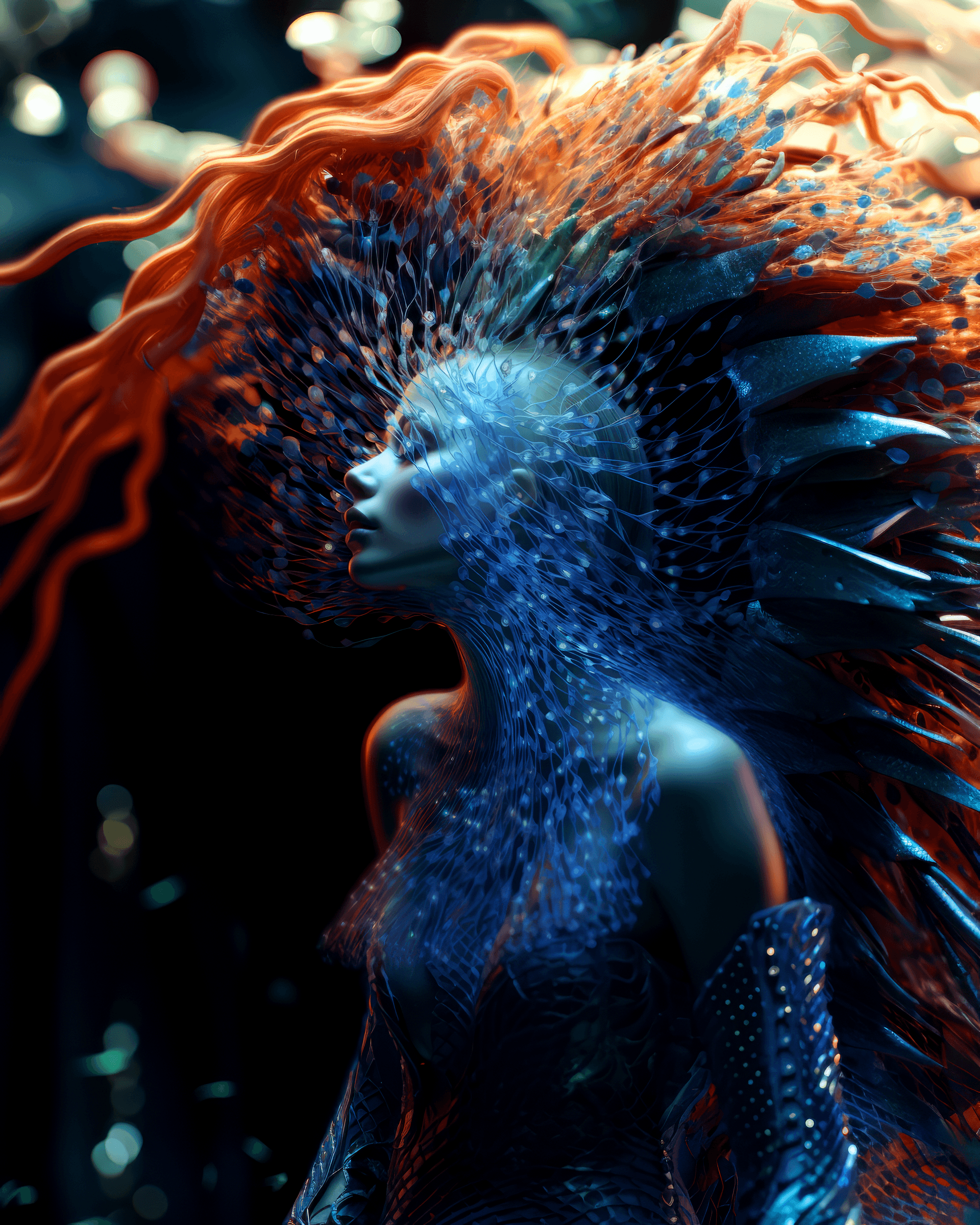 AI generated: a girl with purple hair wearing a necklace, in the style of luminous 3d objects, hyperrealistic mari...
