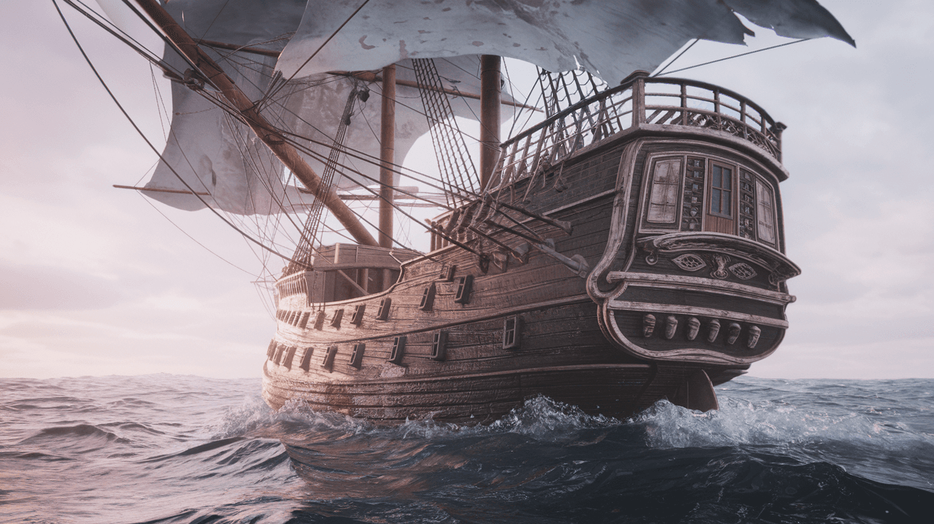AI generated: Photo of a ultra realistic sailing ship, dramatic light, pale sunrise, cinematic lighting, battered,...