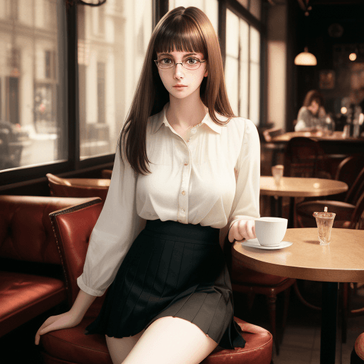 AI generated: Woman, Portrait, 20 Years old, Beauty face, French, Skinny, Glasses, Blouse, Skirt, Brunette hair, B...