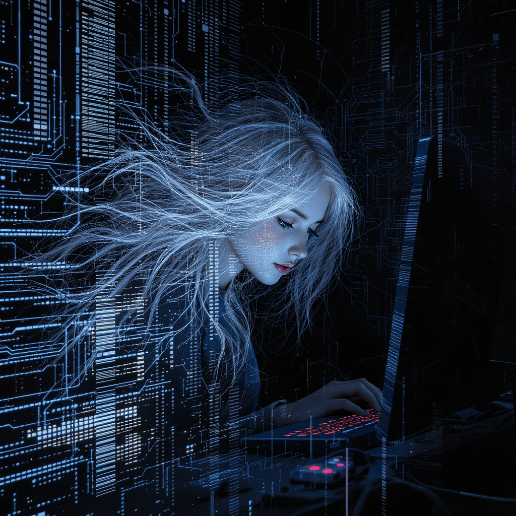 AI generated: A (((hyper-realistic glitch  textures mosaic representation))) of a (((beautiful girl))) with flowin...