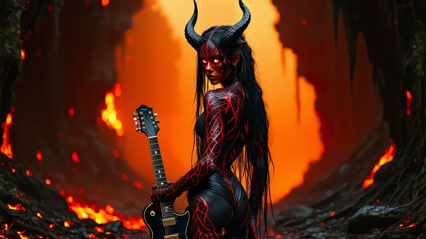 AI generated:  A powerful, athletic female demon with rippling muscles, dressed in intricate, red snakeskin patter...