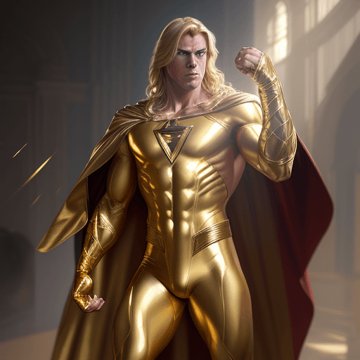 AI generated: male super hero named champion blond hair, no symbol, skin tight gold suit, gold cape, gold gloves, ...