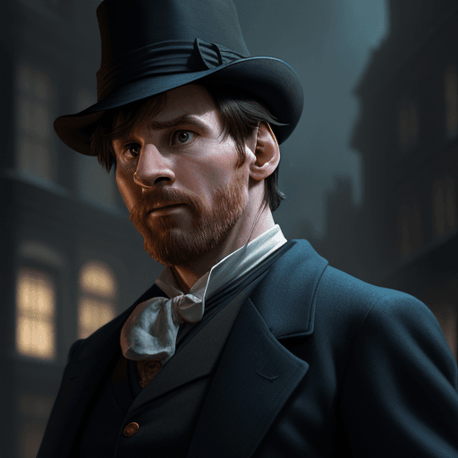 AI generated: Lionel Messi dressed up as sherlock holmes, blue eyes, investigating a crime, pixar-style, ultra det...