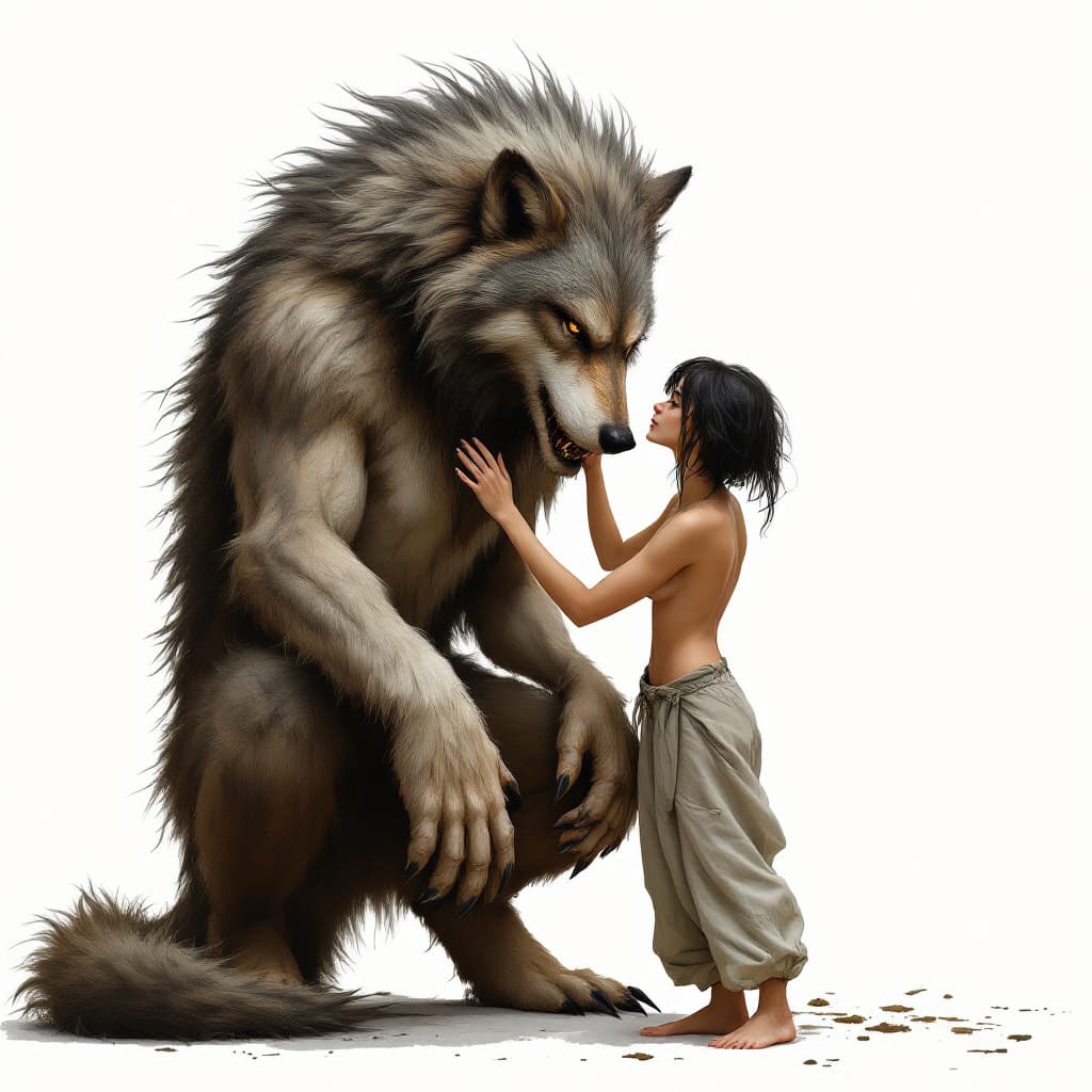 AI generated: full-body portrait of a woman in baggy pants, barefoot, with dark tousled short hair, affectionately...
