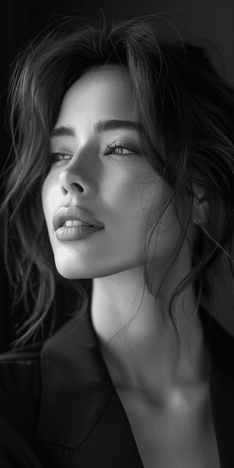 AI generated: photo of a beautiful woman, in the style of Anne Geddes, minimalist, black and white, shot on a Sony...