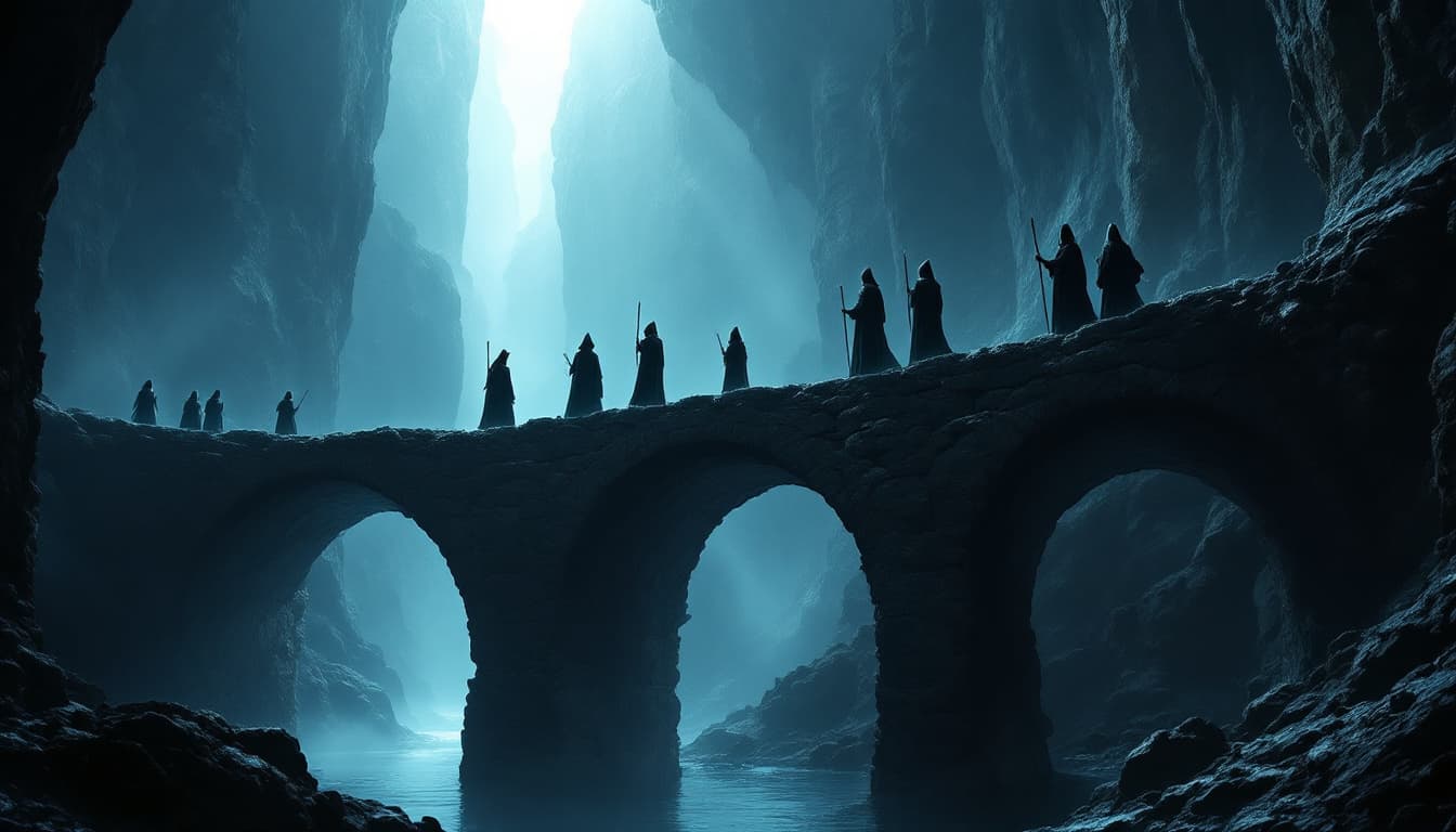 AI generated: a fantastical scene of a group of robed figures in the distance standing on a bridge in a cave. The ...