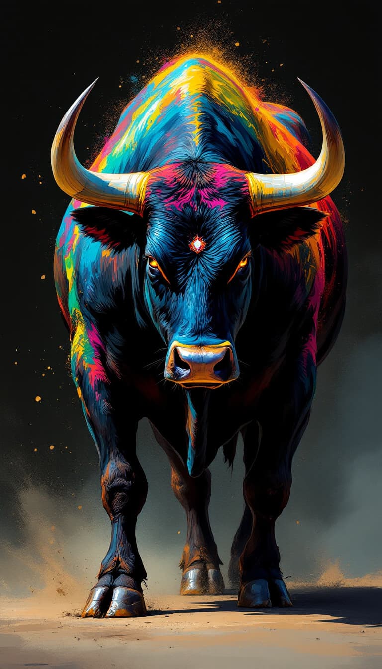AI generated: series of a fighting bull full body with, modern portrait series of a nelore cattle in colorful wear...
