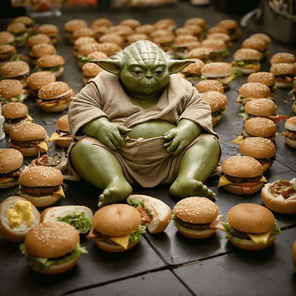 AI generated: (very super fat Yoda:1.2)with fat man's belly, in the ring, on the floor of the ring, there are hund...