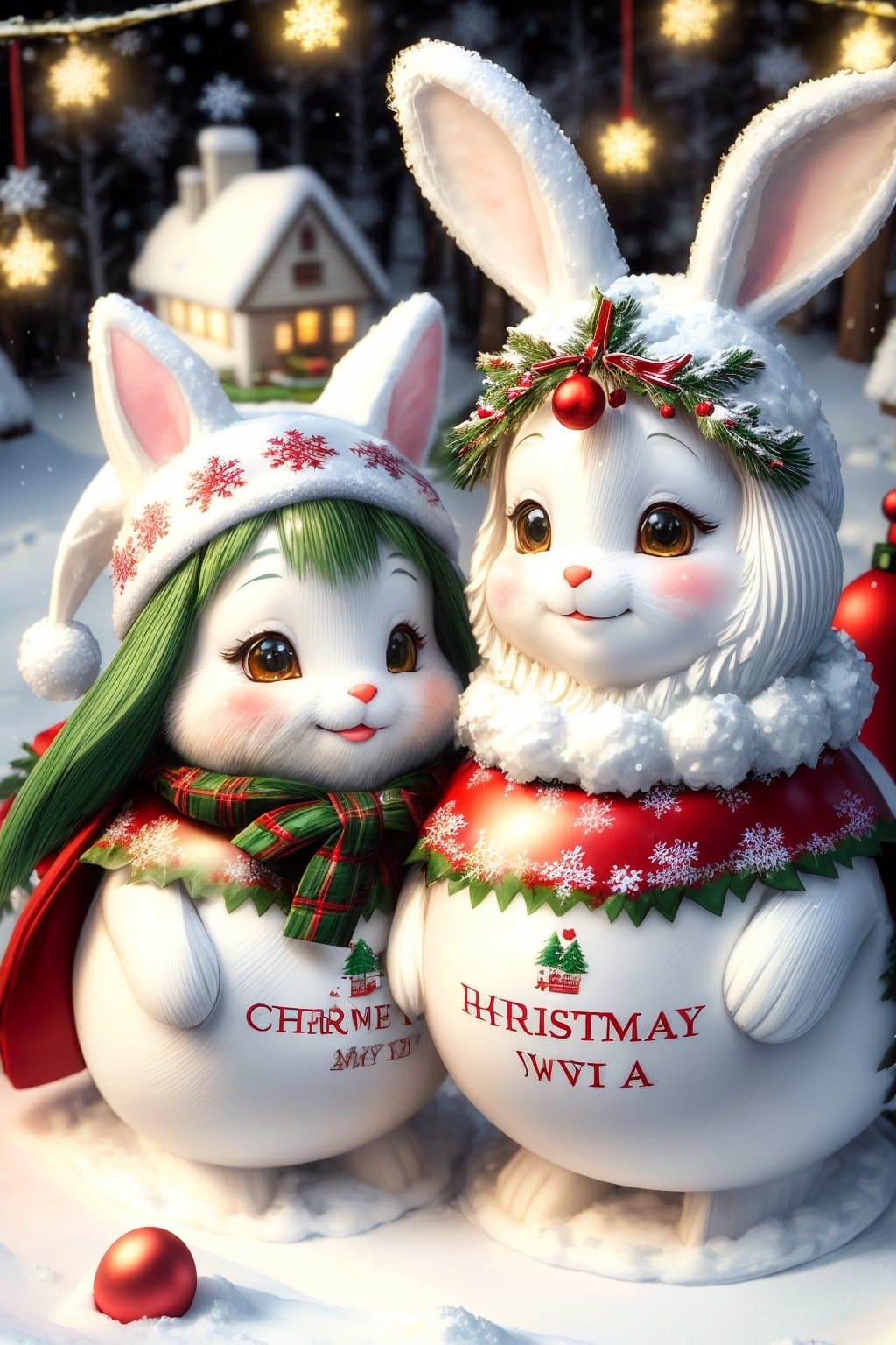 AI generated: Background picture smiling CHRISTMAS Elf, and Easter Bunny, looking ahead, in the christmas forest s...