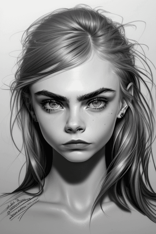 AI generated: Cara Delevingne, ((amateur) scribble sketch), (smudges) on paper, ((8k, RAW photo, best quality, mas...