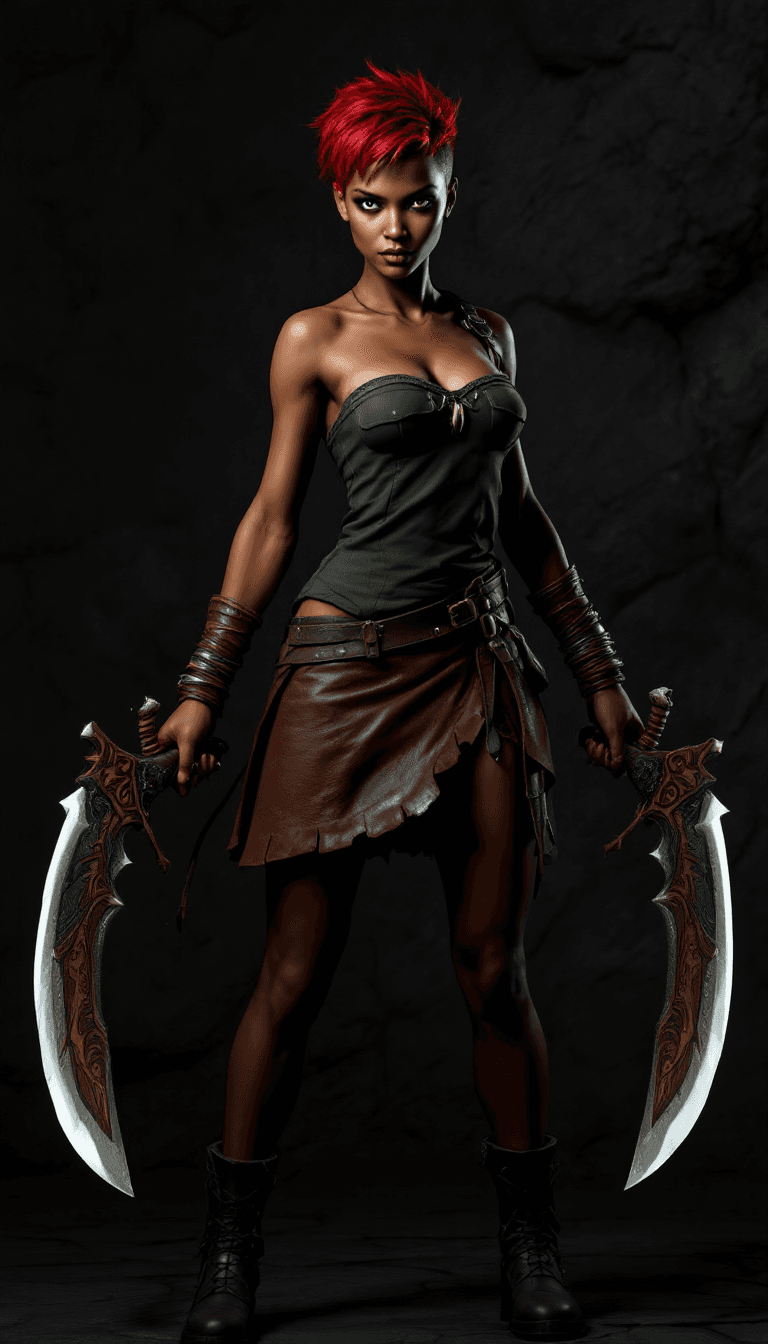 AI generated:  A highly detailed CGI or photo artwork featuring a slender, dark-skinned woman with a confident, dy...