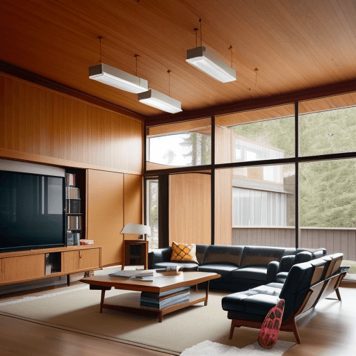 AI generated: a living room with wooden walls, large windows and a leather couch, in the style of charley harper, ...