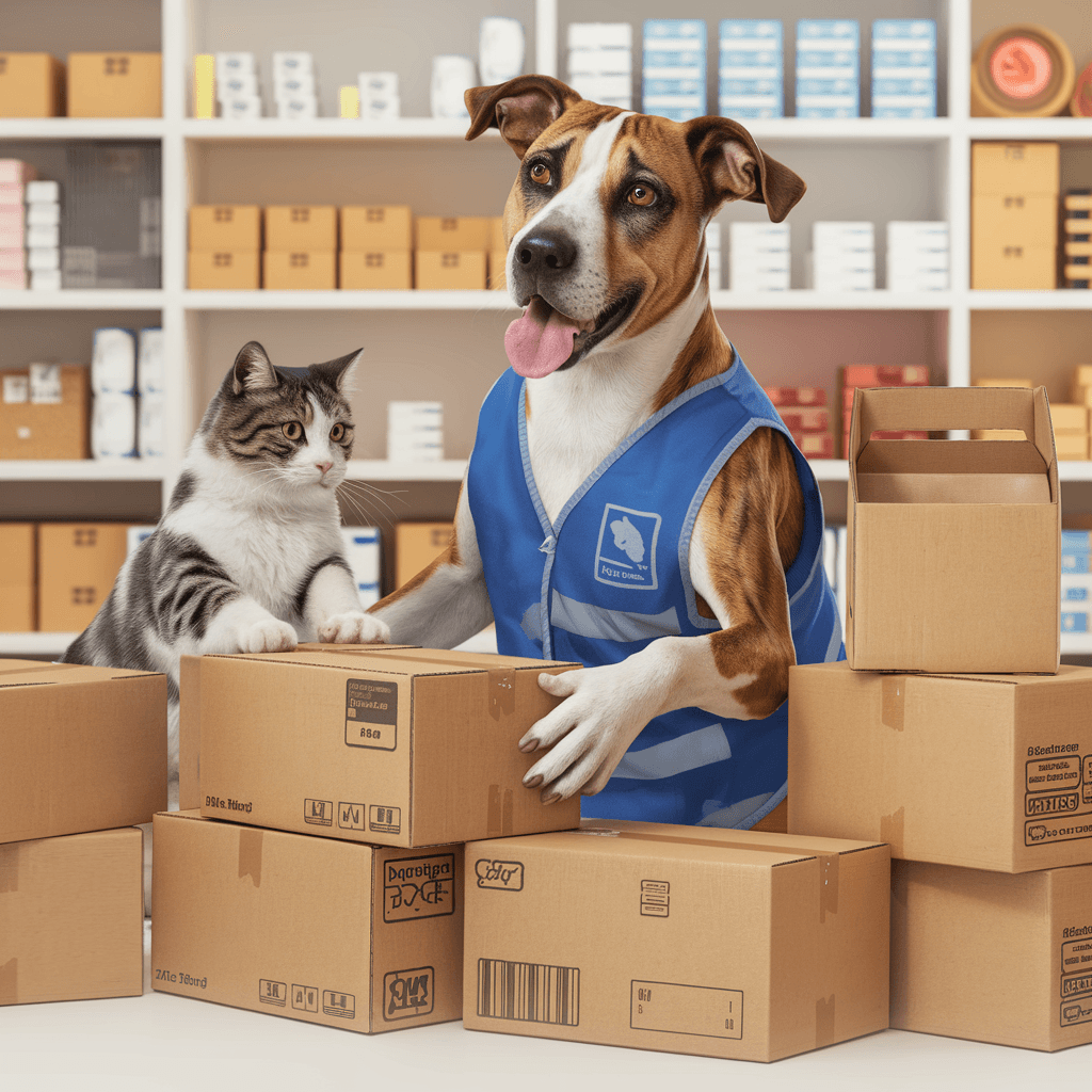 AI generated: A lifelike scene of a dog and a cat working together as employees in a retail store as they handle a...