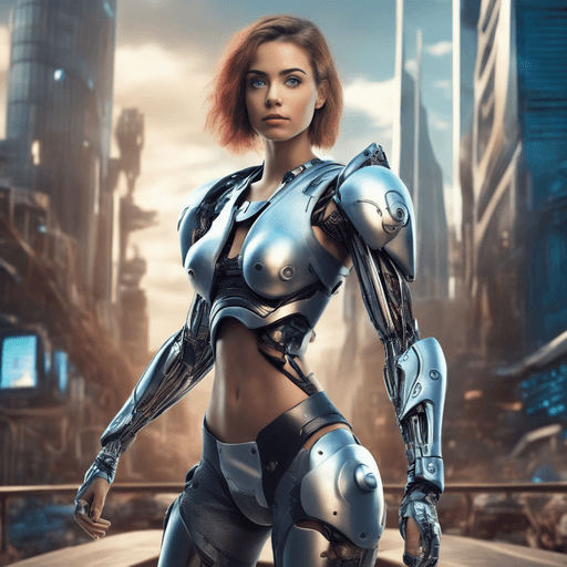 AI generated: beautiful young woman, full body, cyborg warrior with high definition, with background in city of th...