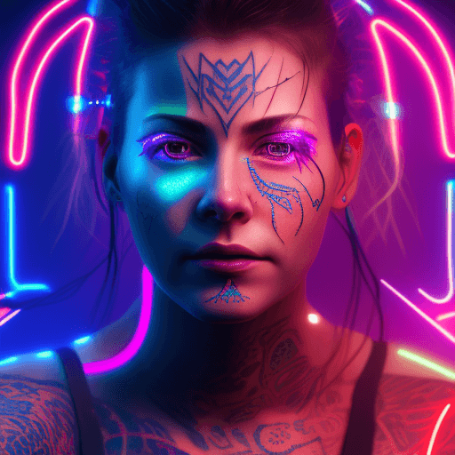 AI generated: close-up of woman with glowing tattoos, (flying through paradox), cyberpunk, art, glowing neon light...