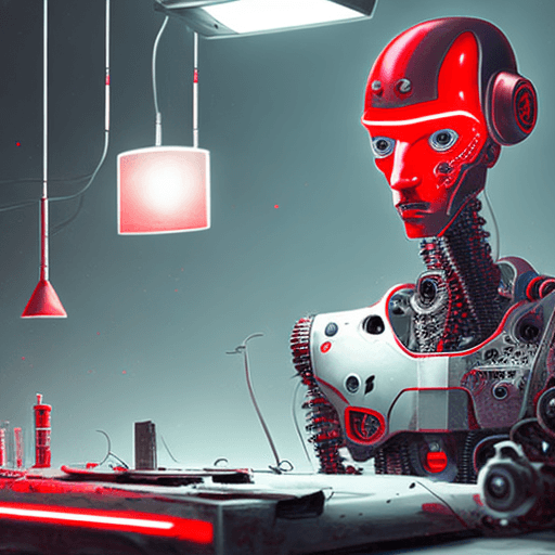 AI generated:  Hyper realistic portrait of a half dammmaged android, leaning slightly sideways, one eye missing an...