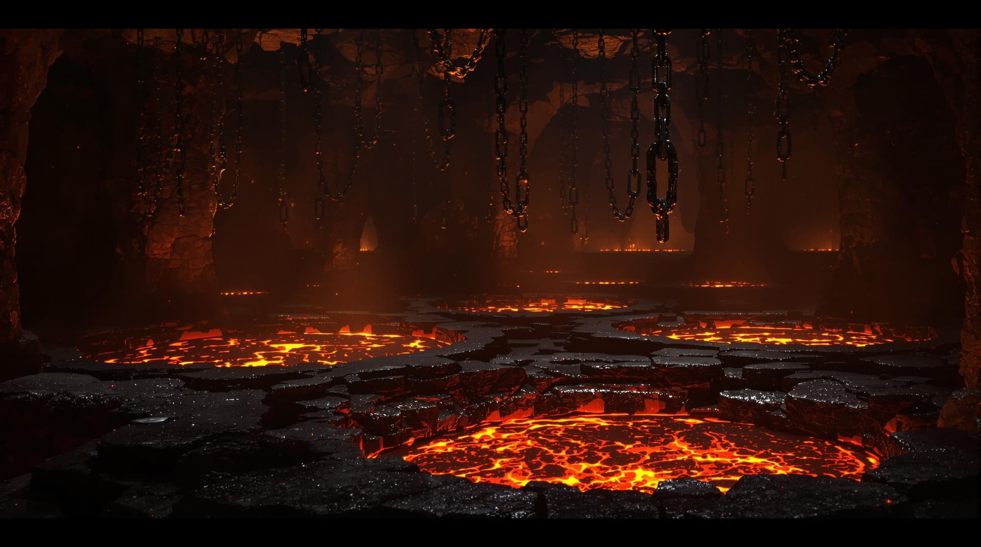 AI generated: Dark dungeon setting with lava pools casting warm light, chains hanging from ceiling. Atmospheric li...