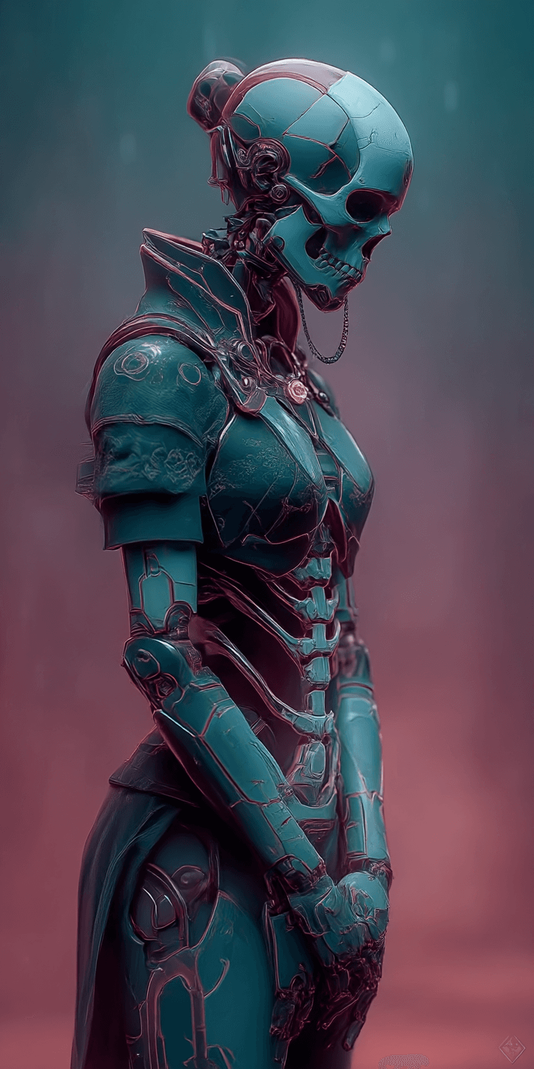 AI generated: A female robot in the style of detailed character design, with a blue and teal color scheme, a steam...