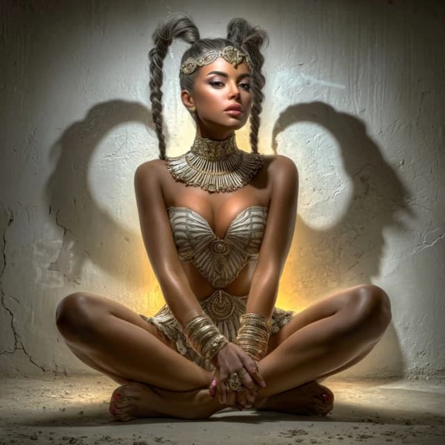 AI generated: female 18 years old,,dressed like egyptian goddes(golden egyptian jewelry) black ponytails, sitting,...