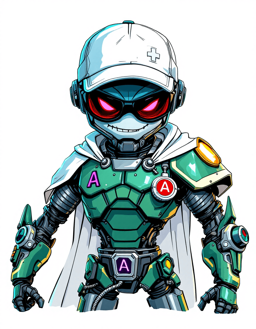 AI generated: Just draw a doctor robot with an evil and sinister expression, clear muscle lines, wearing a medicin...