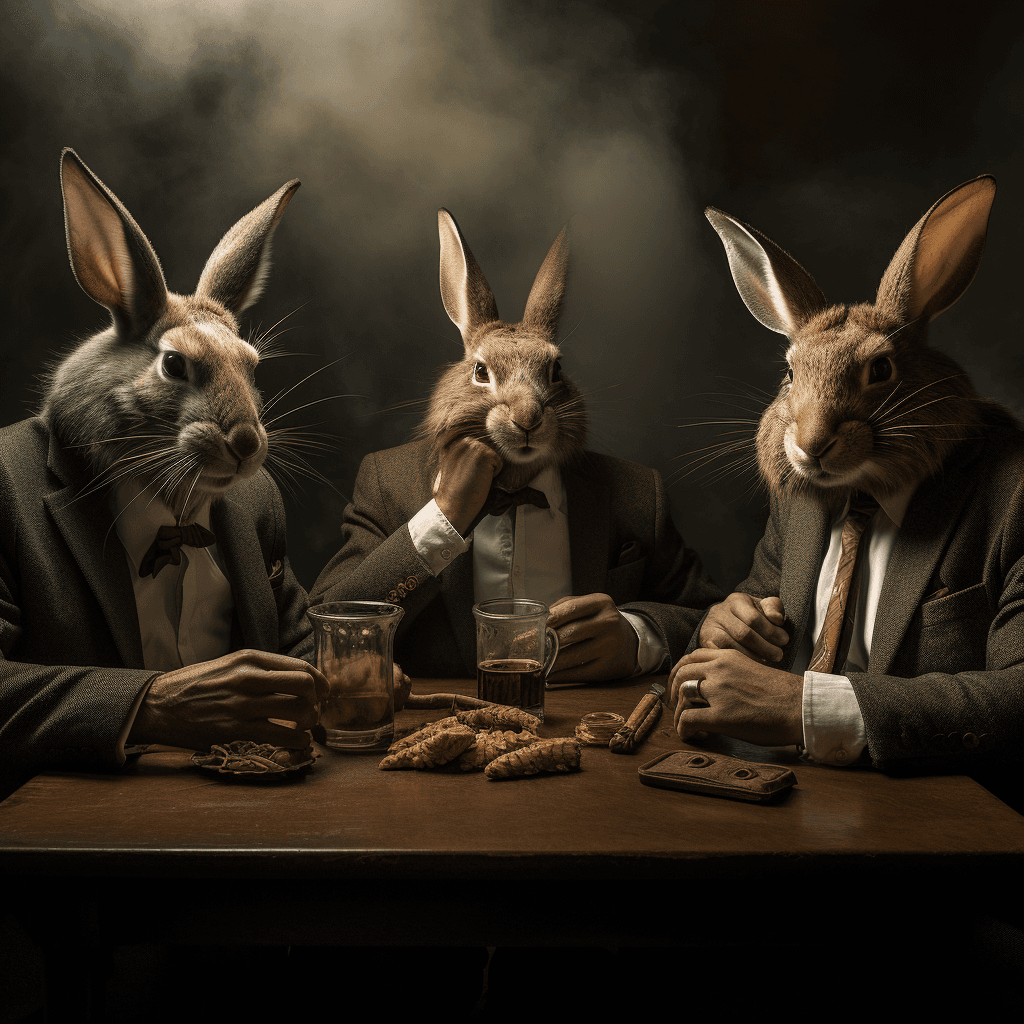 AI generated: Negotiations between rabbits about division and control of the upcoming carrot harvest