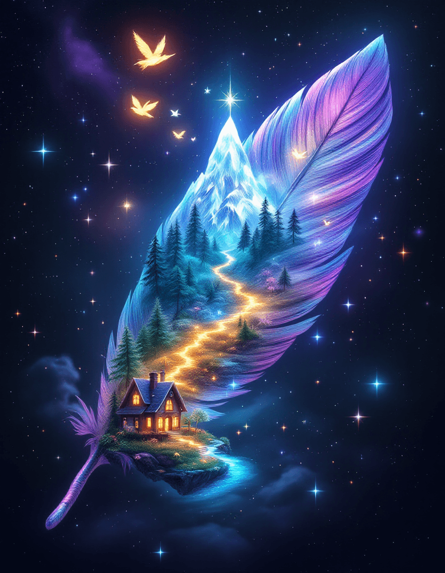 AI generated: A magical and surreal digital painting of a large, iridescent bird feather set against a deep cosmic...
