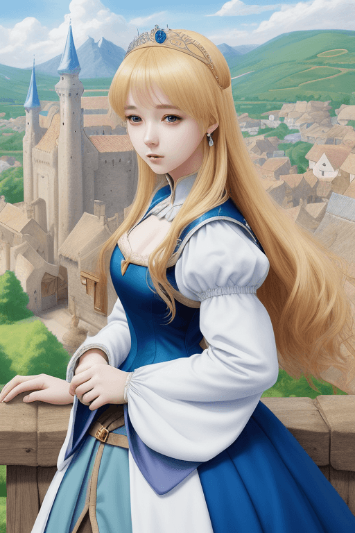 AI generated: Close portrait anime, medieval times, clothes like a princess, clothes color white and blue, beautif...