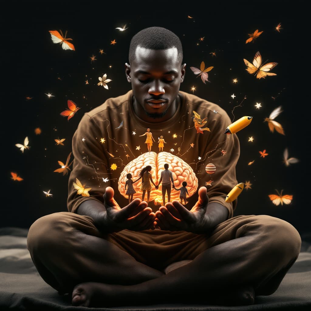 AI generated: create a 4k image of a dark person of zambian origin sitted in a peacefull position holding the brai...