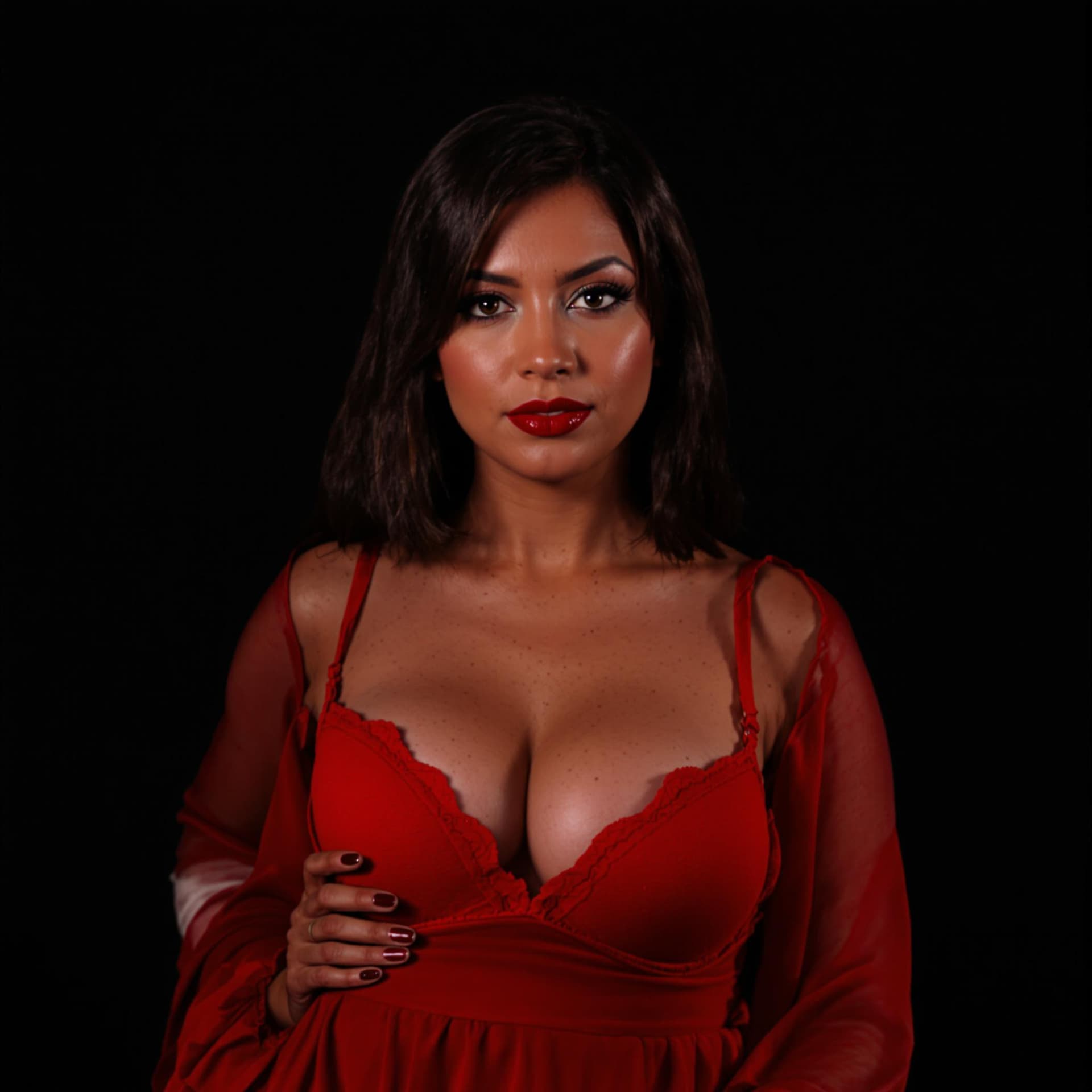 AI generated: a professional photograph of a woman. She is dressed in a red bra. Her dress is red. The backdrop is...
