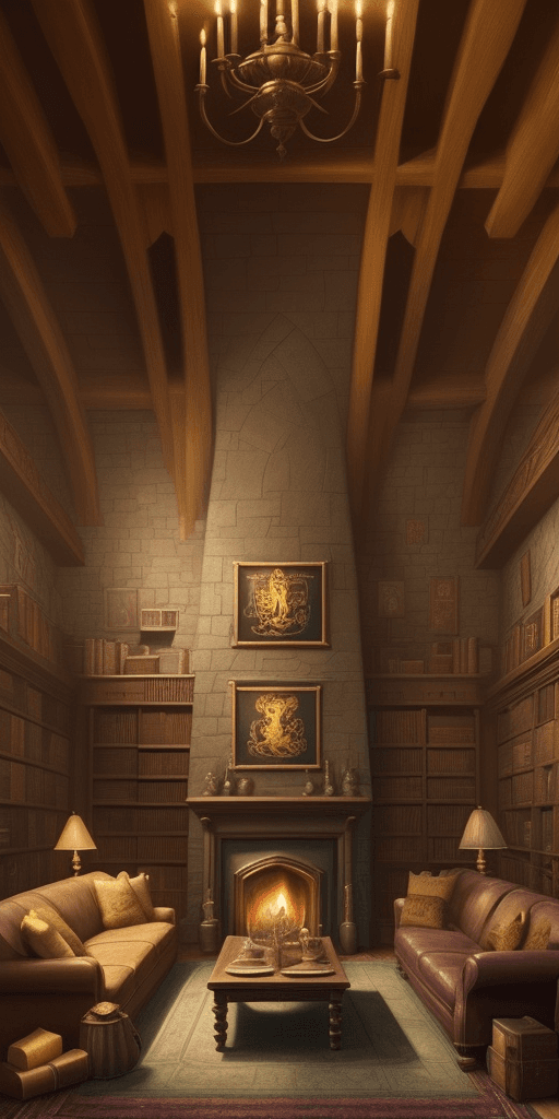 AI generated: Hufflepuff common room, fireplace, wizards, hogwarts, dream, painting