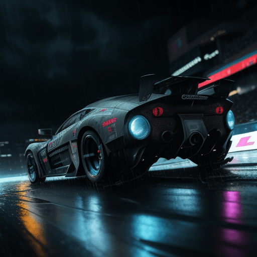 AI generated: Cyberpunk racing stadium, futuristic cars,centered, (running car, (speed:1.5)), (rain:1), raindrops ...