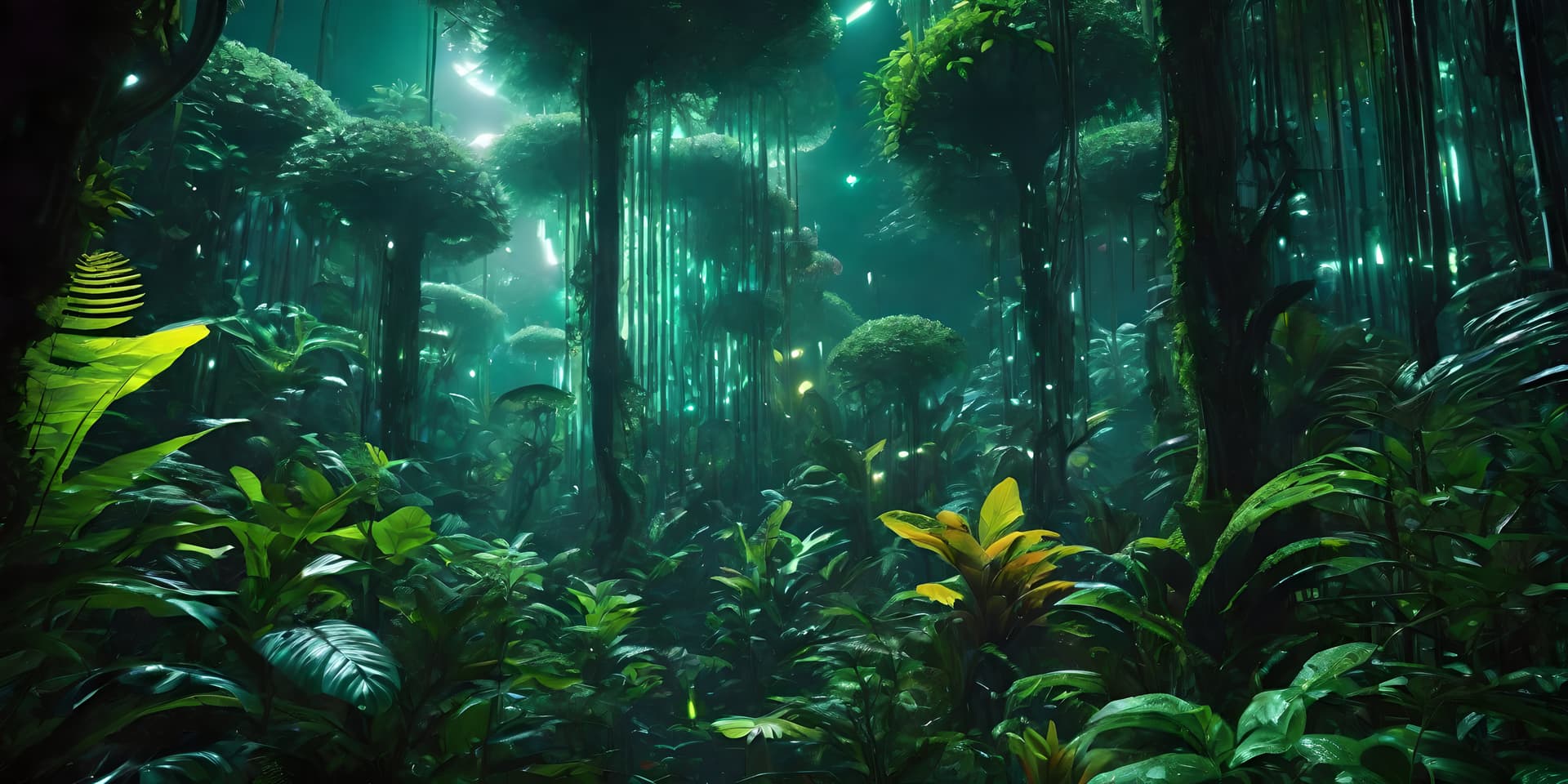 AI generated: an otherworldly rainforest with beautiful, luminescent plants that glow in the dark, biopunk, UHD, h...