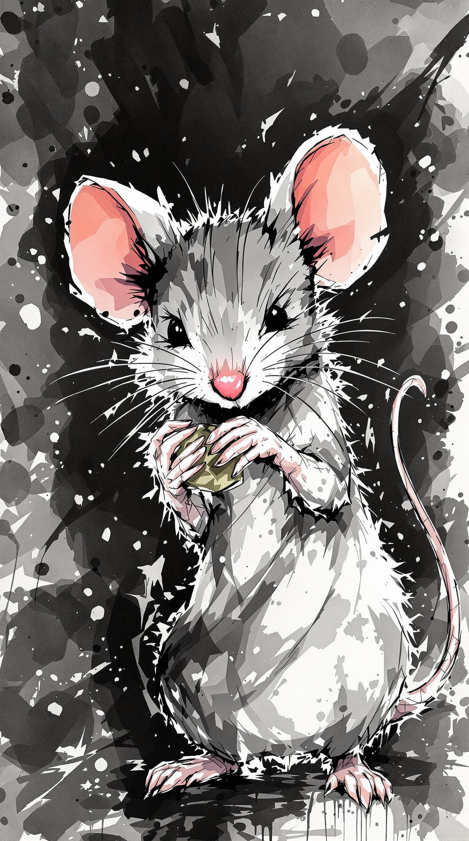 AI generated: cute Mouse with straight face grabing something, detailed,ink style,Ink splash art on the background...