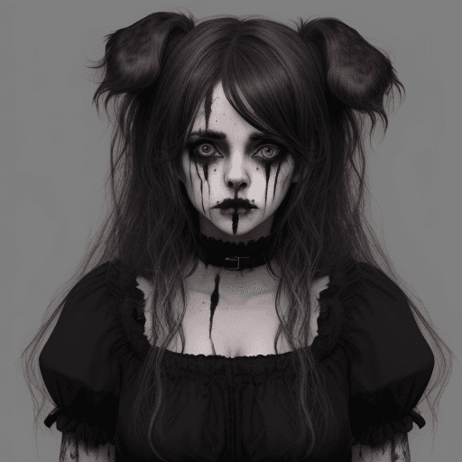 AI generated: British Gothic girl with messy hair dressed as a dog, dark makeup and beat up looking horny