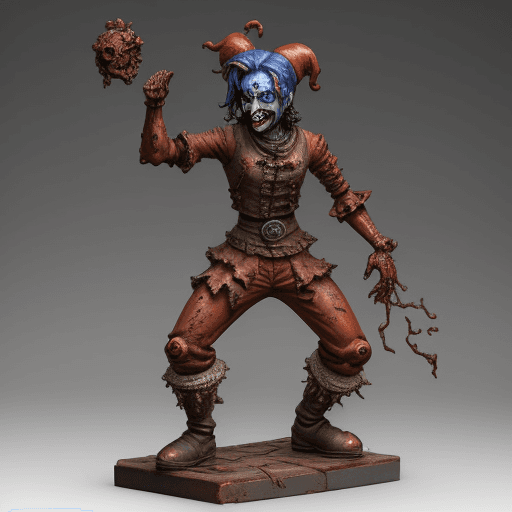 AI generated: rusty iron bloodyfull body figurine of ferocious distorted JESTER out of Jed-Rst, Rusty, masterpiece...