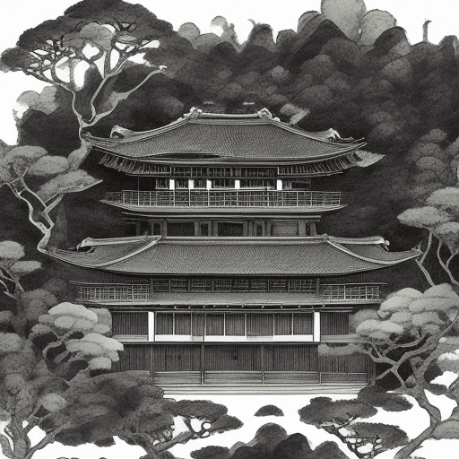 AI generated: a Japanese ink drawing of a beautiful two-story house in medieval style with cinematic lighting, aer...