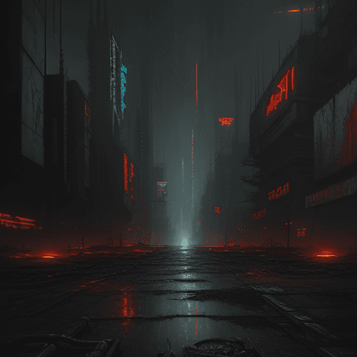 AI generated: A dark oil painting of a cyberpunk wasteland 
