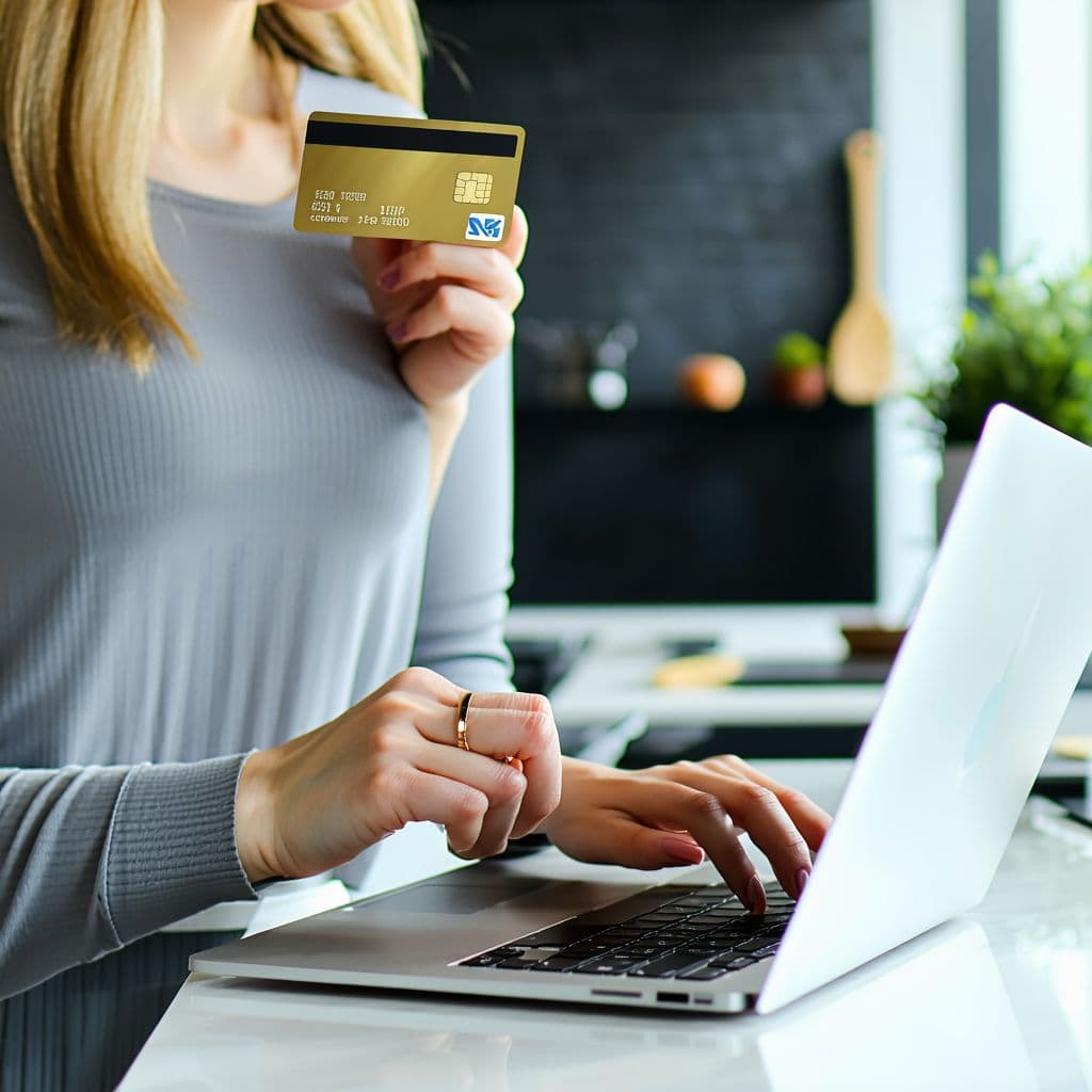 AI generated: Woman holding credit card and using laptop in stylish kitchen, symbolizing e-commerce, digital trans...