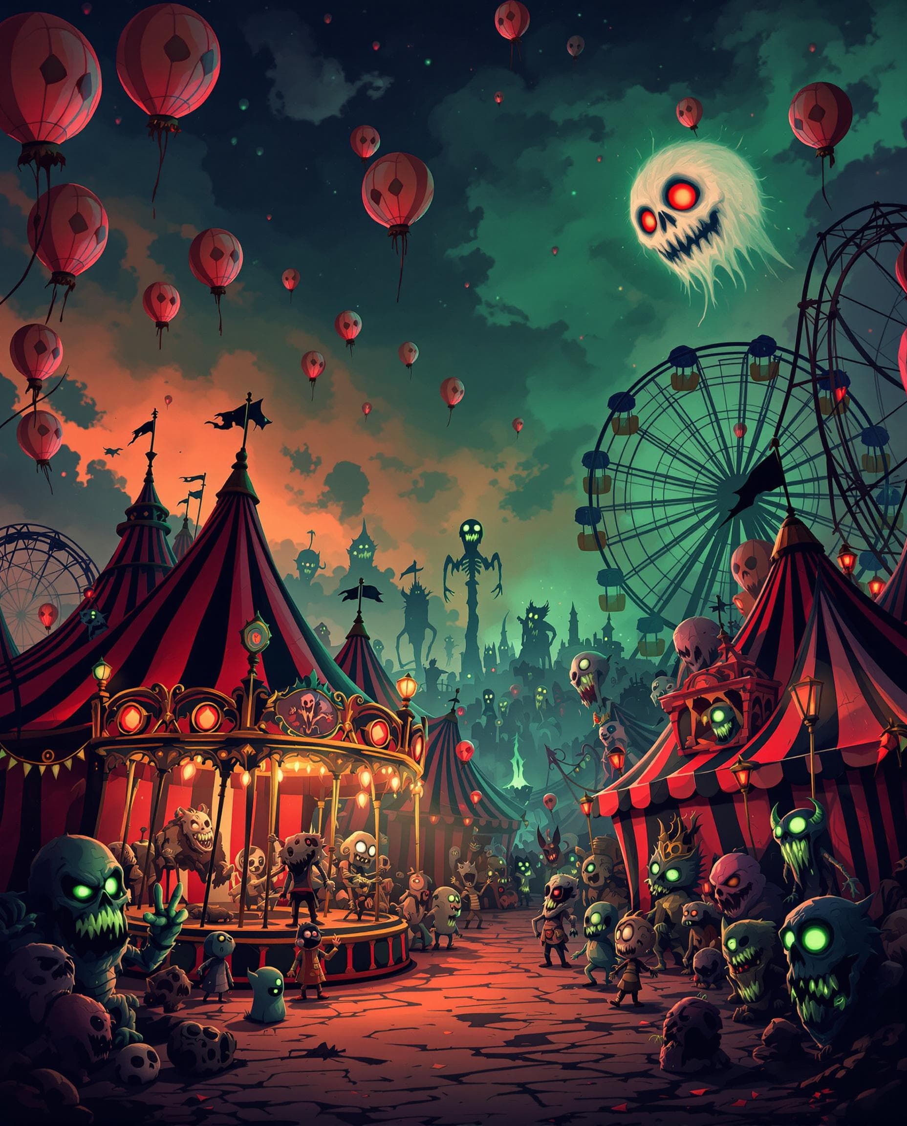 AI generated: chibi Pollywoggle characters, Dark creepy circus featuring a Freaks Sideshow Alley, highly detailed,...