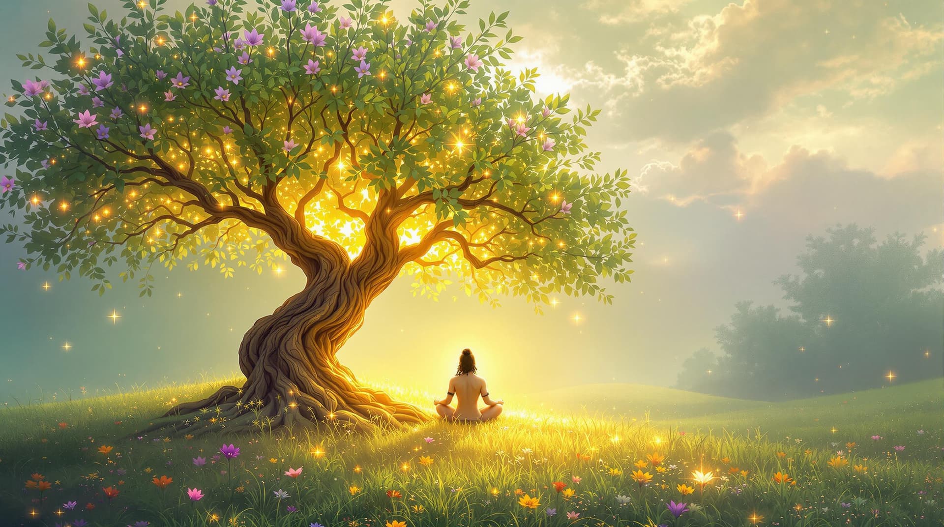 AI generated: "Render a mystical grove where Shiva sits beneath a golden tree, its leaves glowing softly in pastel...